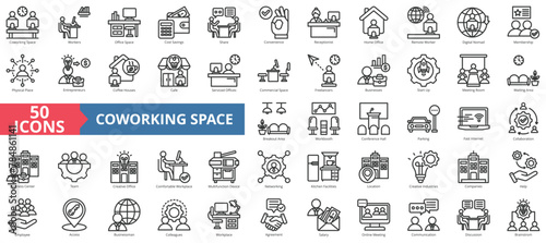 Coworking space icon collection set. Containing workers, cost savings, share, convenience, receptionist, home office, remote icon. Simple line vector.
