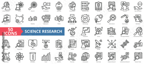 Science research icon collection set. Containing contributing, systematic, interpretation, evaluation data, planned, scientific studies, socialized icon. Simple line vector.