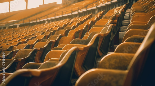 seats of tribune on sport stadium. empty outdoor arena Generative AI © WaniArt