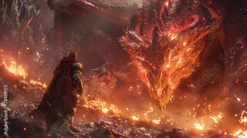 Bathed in the glow of molten lava, a knight and a dragon clash within the fiery depths of a cavern, their battle echoing off the stone walls-2