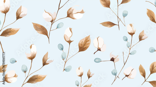 Watercolor cotton and leaves hand illustration patt photo