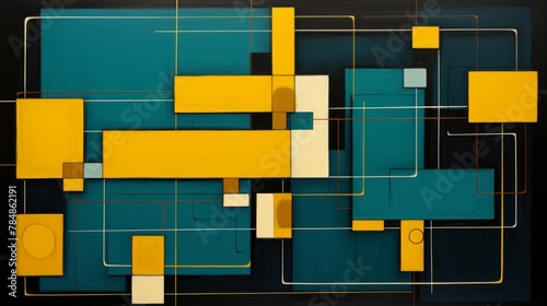 A painting featuring black and yellow squares, in the style of dark teal and light beige, simplified figures