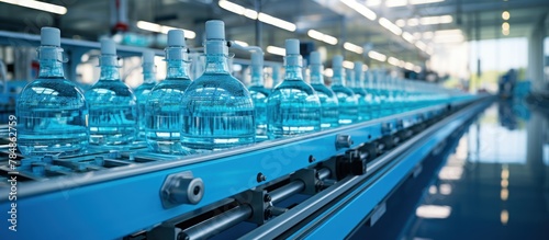 Bottles of water on the conveyor belt in a modern factory photo