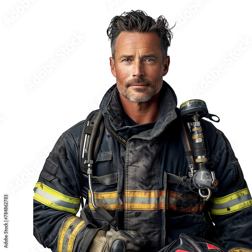 Portrait of a brave firefighter in full gear on transparent background © Mustafa