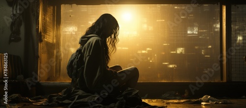 sad woman sitting on the floor in front of window at night