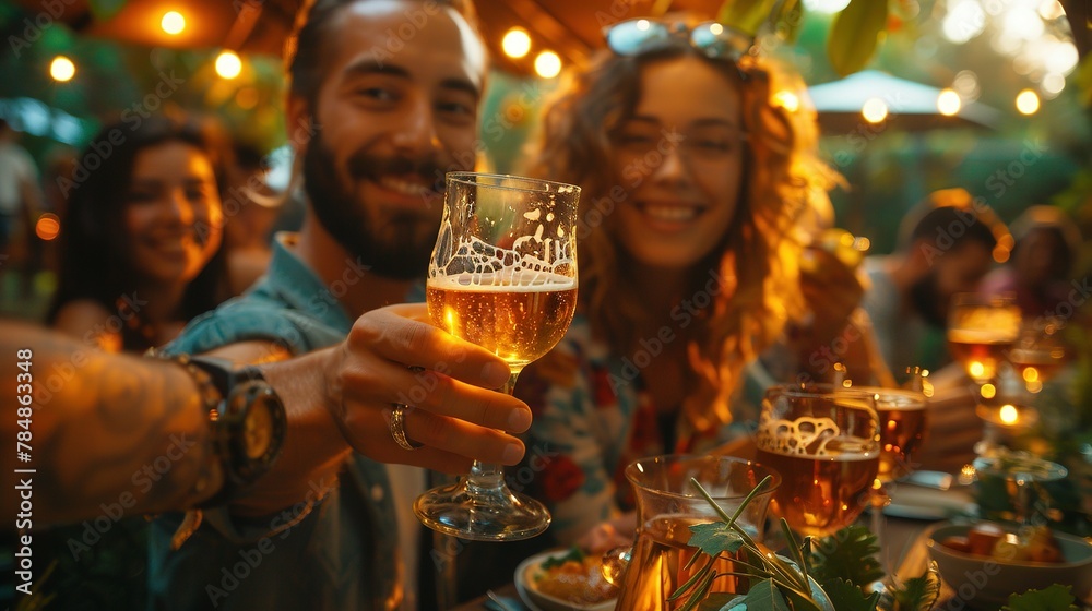 Group of multi ethnic friends having backyard dinner party together - Diverse young people sitting at bar table toasting beer glasses in brewery pub garden Group of multi ethnic friends having backyard dinner party together - Diverse young people sitting at bar table toasting beer glasses in brewery pub garden