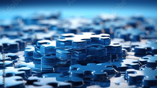 Blue puzzle pieces on blue background.
