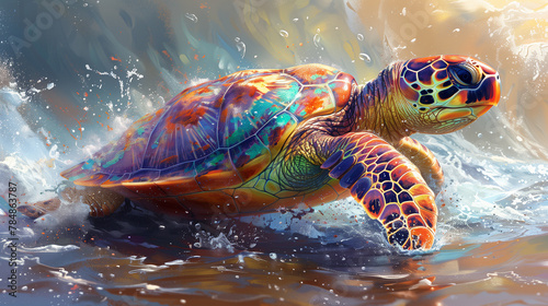 A breathtaking portrayal of a turtle, its shell a tapestry of vivid paint splashes against a backdrop ablaze with a kaleidoscope of colors, evoking a sense of wonder and awe-1