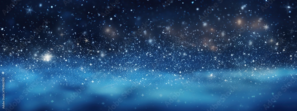 Fototapeta premium Abstract panoramic snowy at night and starry in winter season. Beautiful sky and stars view on blurred background.