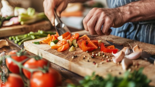 A close-up of hands chopping fresh, colorful vegetables on a wooden cutting board, symbolizing the importance of wholesome, nutrient-rich meals in a healthy lifestyle.