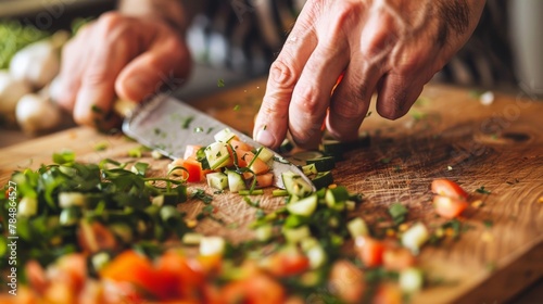 A close-up of hands chopping fresh, colorful vegetables on a wooden cutting board, symbolizing the importance of wholesome, nutrient-rich meals in a healthy lifestyle.