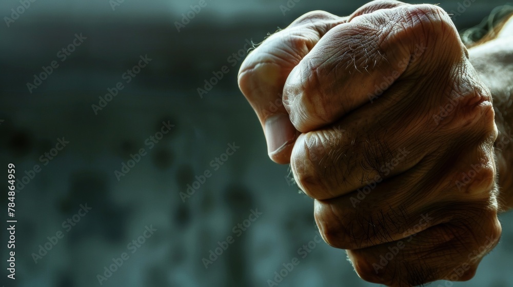 Fototapeta premium The body is rigid and tense with clenched fists and a furrowed brow displaying a sense of aggression or hostility. .