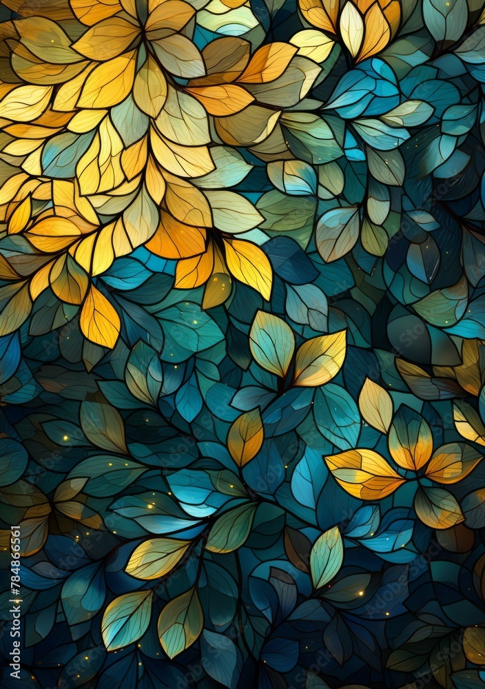 a colorful abstract background with green and yellow leaves, in the style of mosaic-inspired realism, dark teal and light beige