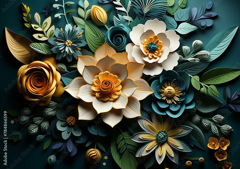 colorful abstract background with flowers in the style of mosaic-inspired realism, dark teal and light beige, sculptural paper constructions