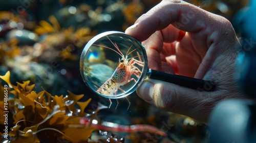 A marine biologist holds up a magnifying glass to examine a tiny shrimp amidst a bustling tide pool noting the relationships between this tiny creature and its surroundings in the .