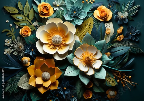 colorful abstract background with flowers in the style of mosaic-inspired realism, dark teal and light beige, sculptural paper constructions photo