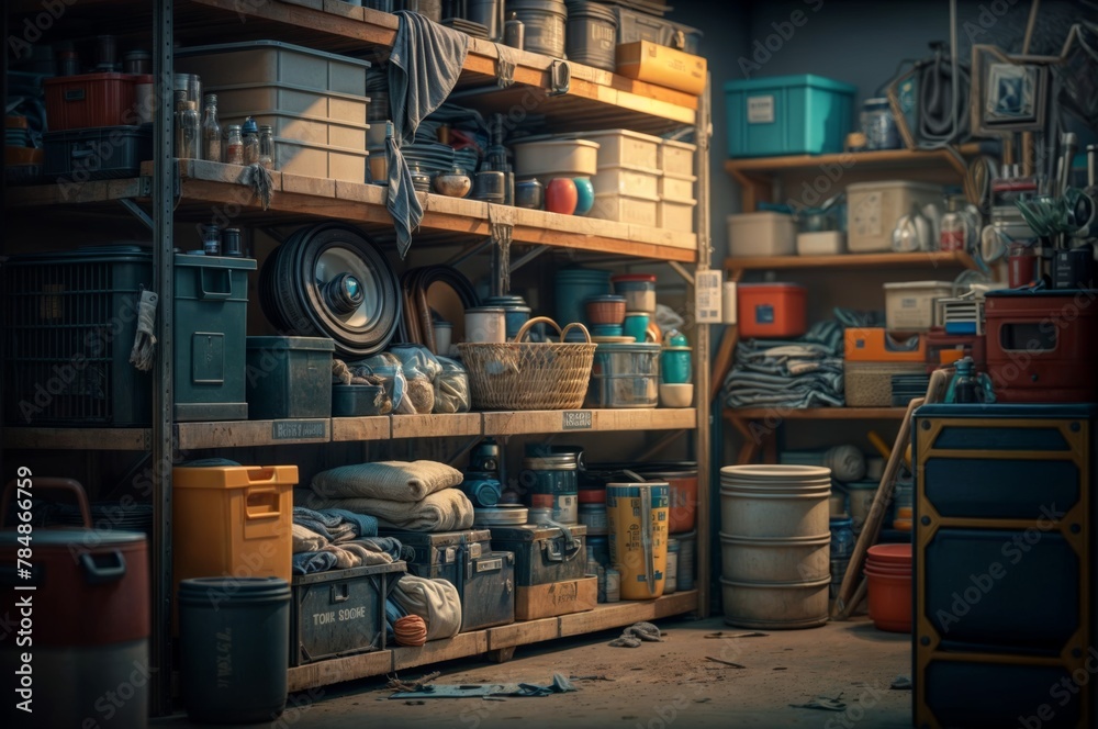 Abandoned garage with old tools and household items. Selective focus.