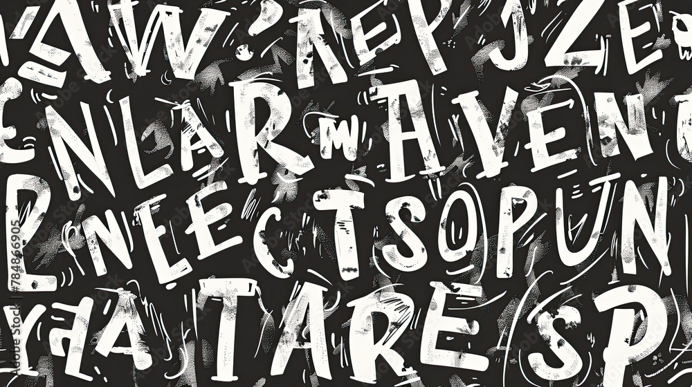 Indulge in artistic allure with this mesmerizing pattern. Hand-drawn Latin letters adorn a textured black and white backdrop, offering a unique blend of sophistication and creativity Indulge in artistic allure with this mesmerizing pattern. Hand-drawn Latin letters adorn a textured black and white backdrop, offering a unique blend of sophistication and creativity