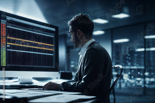 Young businessman working on computer at night in office. Side view.