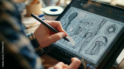 A creative professional sketching designs on a digital tablet with a stylus, the screen displaying a fusion of art and technology in their creative process. © Sasint