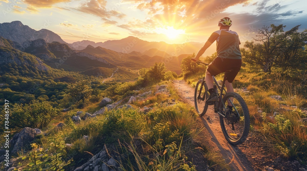 Fototapeta premium A cyclist on a mountain trail at golden hour, the setting sun casting a warm glow over the landscape, illustrating the thrill of exploring nature on two wheels.