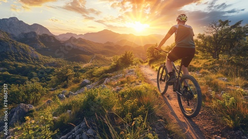 A cyclist on a mountain trail at golden hour, the setting sun casting a warm glow over the landscape, illustrating the thrill of exploring nature on two wheels.