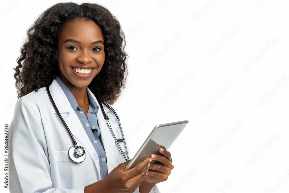 A female doctor holding an Tablet, smiling and looking at the screen isolated on a white background with a clipping path A female doctor holding an Tablet, smiling and looking at the screen isolated on a white background with a clipping path