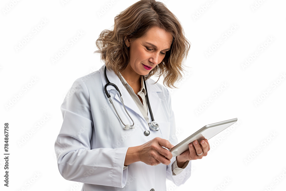 A female doctor holding an Tablet, smiling and looking at the screen isolated on a white background with a clipping path A female doctor holding an Tablet, smiling and looking at the screen isolated on a white background with a clipping path