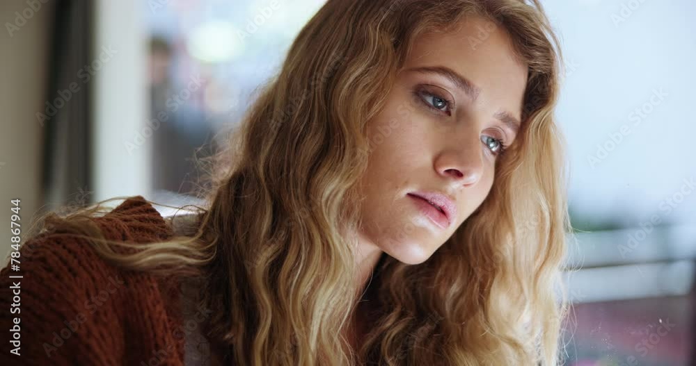 Woman, depressed and tired in home thinking alone of memory or stress of fatigue or overwhelmed, worry and anxiety. Girl, emotional and sad thoughts of broken heart, unhappy and mental health burnout