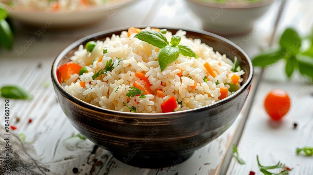 Bowl of delicious rice with vegetables served on white wooden table, closeup Bowl of delicious rice with vegetables served on white wooden table, closeup