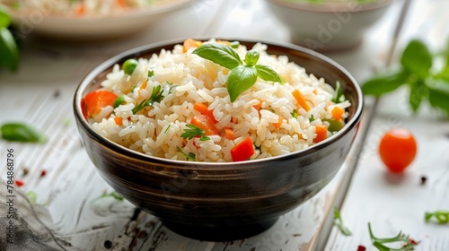 Bowl of delicious rice with vegetables served on white wooden table, closeup