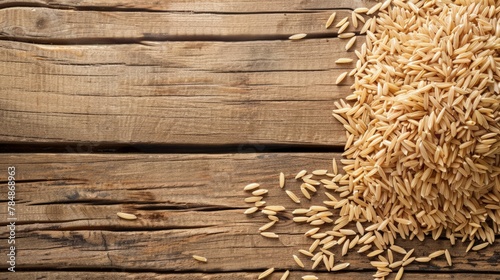 Brown rice on wooden background. photo