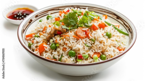 Chinese Vegetable Fried Rice in a Bowl with Side Dish on White Background.