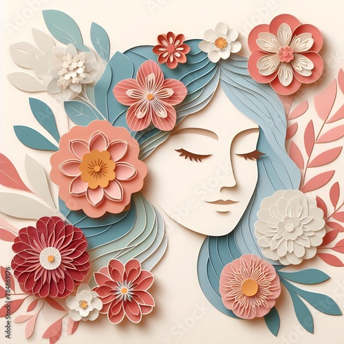 Illustration of face and flowers style paper cut  for international women's day