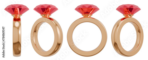 Cartoon golden wedding ring with a ruby. Engagement design elements set. 3D rendering.