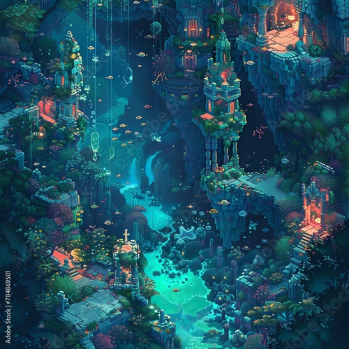 Capture the essence of mystical underwater realms through pixel art  exploring unexpected high-angle views that evoke a sense of wonder and enchantment with intricate details