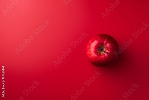 A pristine, juicy red apple rests temptingly atop a vibrant crimson backdrop, offering a striking visual feast that tantalizes the senses with its contrasting hues and promise of delicious sweetness photo