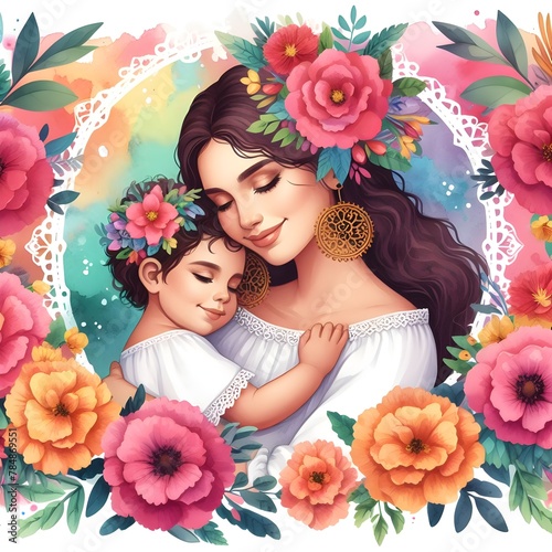 Illustration of mother with her little child, flower in the background. Concept of mothers day.