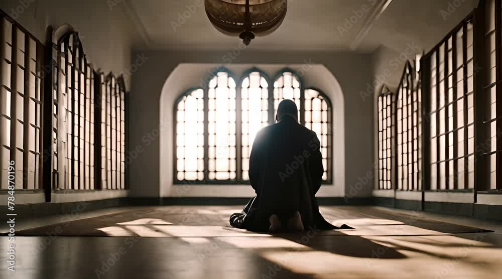 A silhouette of a Muslim man, in a dark moonlit room, praying A silhouette of a Muslim man, in a dark moonlit room, praying