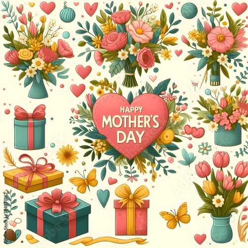 A floral poster for mother's day, flower design on white background with happy mother day typography text