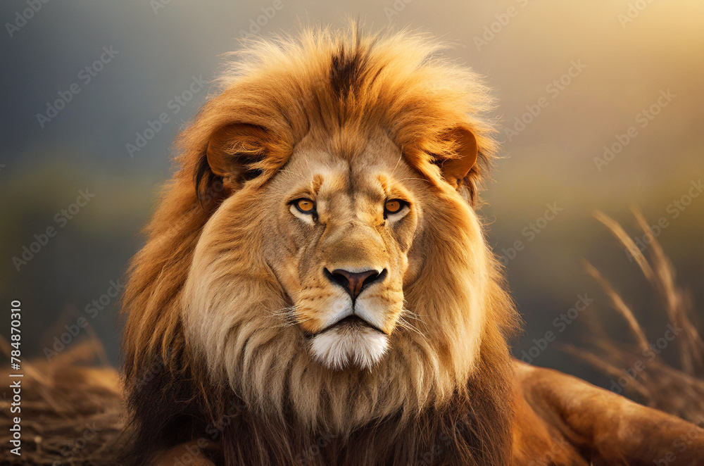 Beautiful Lion Resting in the Savannah | Majestic Elegant Wild Feline Calm Peaceful Lion | Wildlife Savannah Safari Lions Image | Big Cat Lion's Mane Details | Super Detailed Lion Warm Colors Sunset