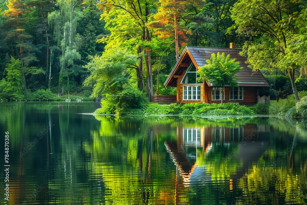 Beautifull small rest home near the lake with mirror. Green trees around the lake Beautifull small rest home near the lake with mirror. Green trees around the lake