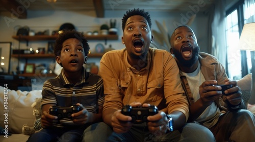 A family engaging in a multiplayer video game in the living room, their expressions ranging from intense concentration to bursts of laughter, highlighting gaming as a bonding activity. photo