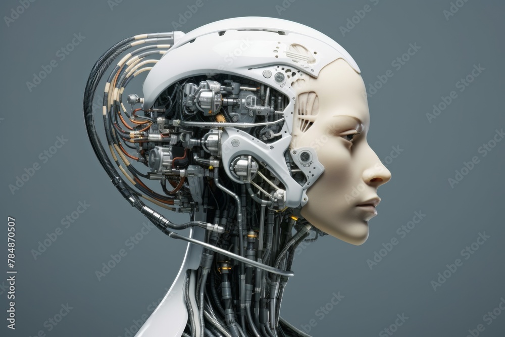 Futuristic design of an android head, with visible wires, connections, and nodes. The cybernetic elements are meticulously integrated, portraying a technological marvel and the convergence of human Futuristic design of an android head, with visible wires, connections, and nodes. The cybernetic elements are meticulously integrated, portraying a technological marvel and the convergence of human