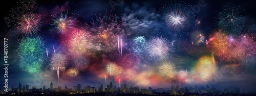 Colorful fireworks at night time with snow fall for celebration background.