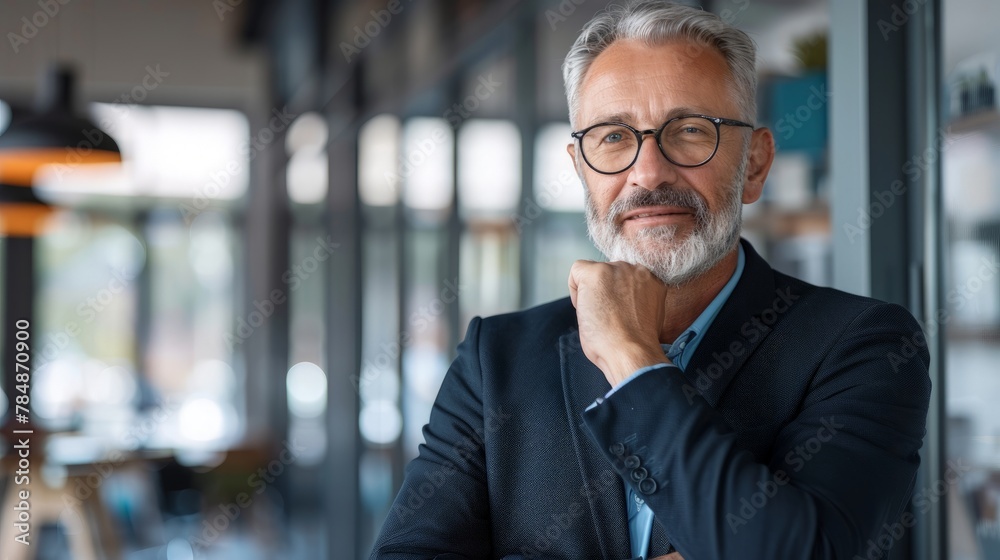 Happy confident mid aged business man company leader standing in office hand on chin thinking.