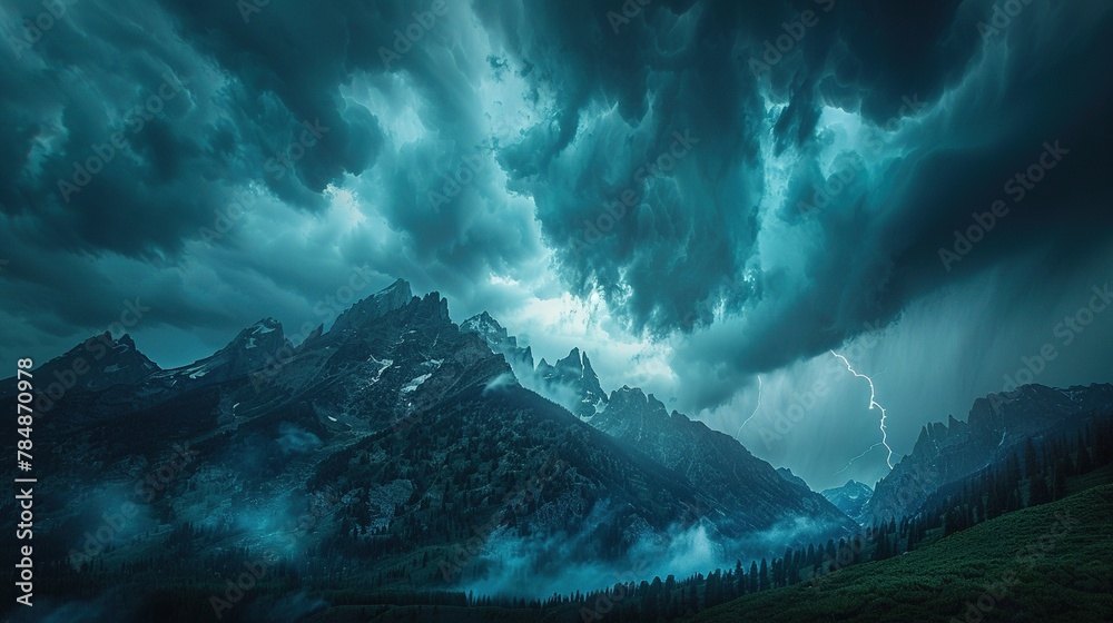 Dark storm clouds over the majestic mountains and flashes of lightning illuminate the horizon. Generative AI