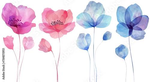Watercolor Painting of Flowers, isolated on White Background. AI generated Illustration.