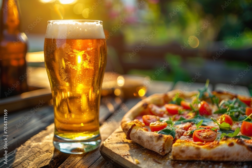 summer atmosphere. Cold beer with part of pizza on the small tabel summer atmosphere. Cold beer with part of pizza on the small tabel