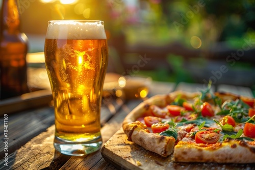 summer atmosphere. Cold beer with part of pizza on the small tabel